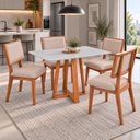 Ver imagem 1 de Conjunto Mesa Itália 4 Lugares com Tampo Off White e 4 Cadeiras em Madeira Maciça Estofadas Bréscia