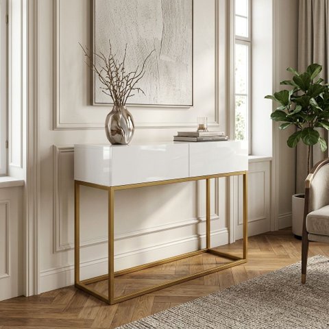 Aparador Buffet Pequeno Hall de Entrada Luxo Eros 90cm Branco Dourado Cantinho do Café