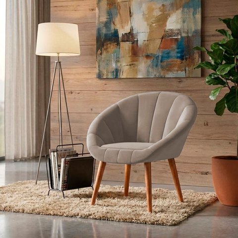 Poltrona Sala Decorativa Sofia Veludo Bege Pés Palito Castanho