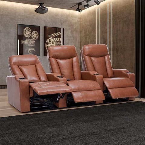 Poltrona Califórnia 3 Lugares Reclinável com Massagem PU Caramelo Gran Belo