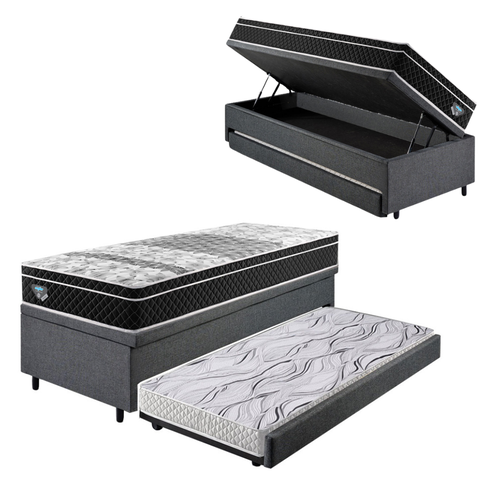 Bicama Box Baú Solteiro com Colchão Gransleep Ecoflex Molas Verticoil Linho Cinza 88x188