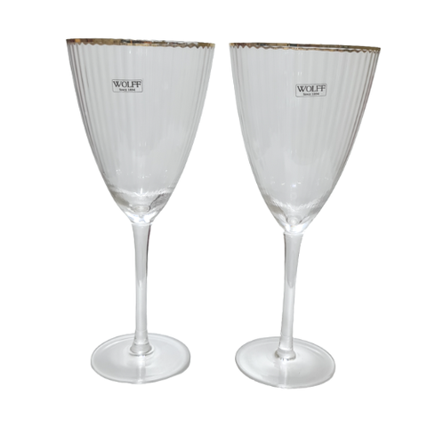 Cj 2 Tacas de Vidro Sodo-Calcico p/Vinho c/Borda Dourada Lines 400ml Wolff 29129