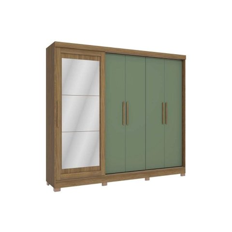 Guarda Roupa 5 Portas (1 C/ Espelho) e 4 Gavetas C/ Pés Cb01n564 Nogueira/verde - Kappesberg