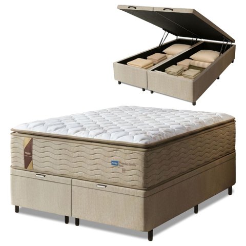 Cama Box Baú Casal King Colchão Molas Guarda Costas Max com Pillow Suede Bege/branco