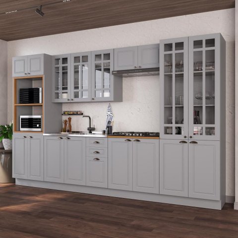 Armário de Cozinha Modulada Completa Fidelitá Nara 100% MDF 6 Peças 350cm 18 Portas 2 Gavetas sem