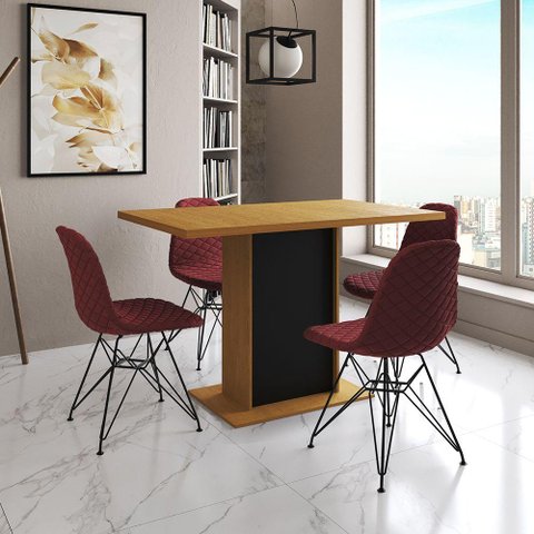 Mesa Jantar Londres Tampo Canela 120cm Base Preta 4 Cadeiras Ferro Preto Estofado Vermelho