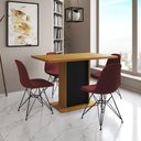 Ver imagem 1 de Mesa Jantar Londres Tampo Canela 120cm Base Preta 4 Cadeiras Ferro Preto Estofado Vermelho