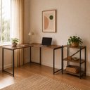 Ver imagem 1 de Kit Mesa L + Estante Industrial Moderno 3 Prateleiras MDF Preto e Imbuia Klm