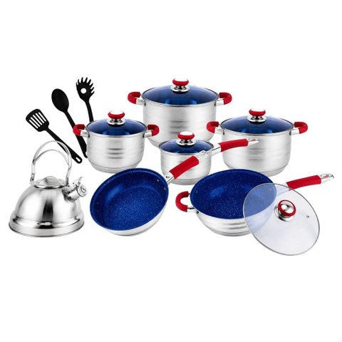 Jogo de Panela em Aço Inox Revestimento Interno Marmorizado Azul com 16 Peças