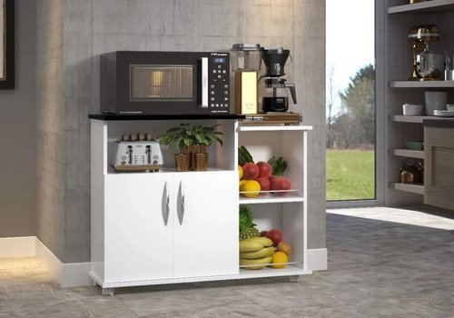 Armário Organizador Para Micro-ondas Branca Com Tampo Na Cor Preta Nova Decor Fruteira Multiuso - 1