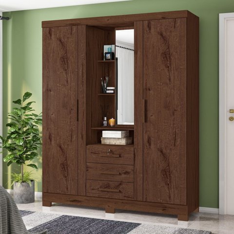Guarda Roupa Solteiro Capelinha Premium 3 Portas de Bater 3 Gavetas Marrom/Jacaranda