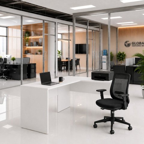 Mesa de Escritório em L 120x60cm + Cadeira Ergonômica Reclinável com Apoio Lombar,Pistão Classe 4