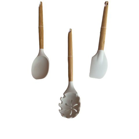 Kit Colher, Colher Macarrão e Espátula, Bambu e Silicone Utensilios do Chef
