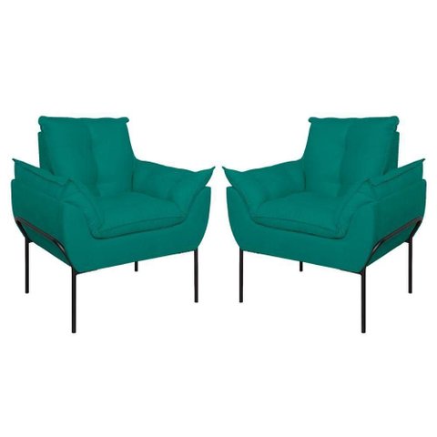Kit 02 Poltronas Base Metal Preto Sala Quarto Balaqui Decor Azul Turquesa