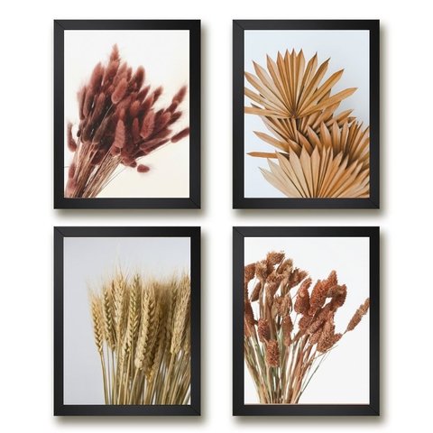 Kit 4 Quadros Decorativos Folhas e Flores secas 33x24cm - com Vidro:madeira Branca