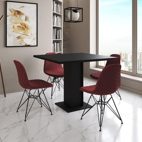 Mesa Jantar Londres Quadrada Preta 90cm 4 Cadeiras Estofadas Vermelho Eames Ferro Preto