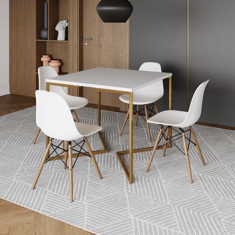 Mesa Jantar Industrial Quadrada 90cm Branca Base V Dourada com 4 Cadeiras Eames Eiffel Madeira Branc