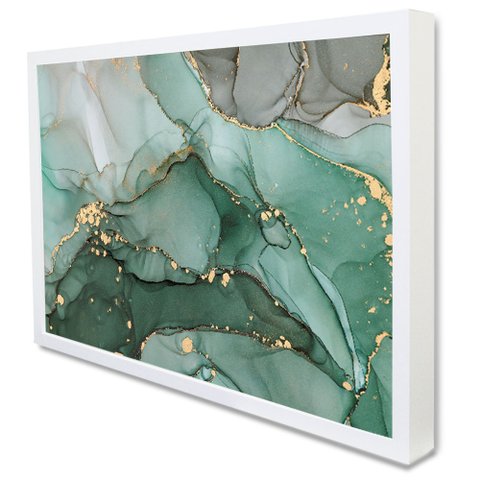 Quadro Decorativo Caixa Alta com Vidro Abstrato Mármore Verde Safira TaColado Moldura Branca 120 x 8