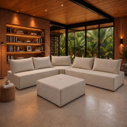 Sofá de Canto Modulado com Puff e Base Madeira Maciça 320CMX270CM Lisboa