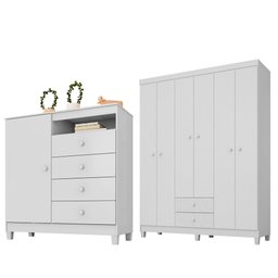 Guarda Roupa Infantil 6 Portas Com Cômoda Sapateira 1 Porta 4 Gavetas Aquarela Branco Clique - 1