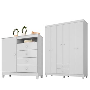 Guarda Roupa Infantil 6 Portas Com Cômoda Sapateira 1 Porta 4 Gavetas Aquarela Branco Clique