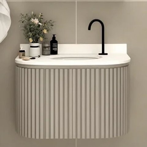 Gabinete Banheiro Ripado 60cm C/ Curvo Cuba Ardósia Espelho:santiago/branco