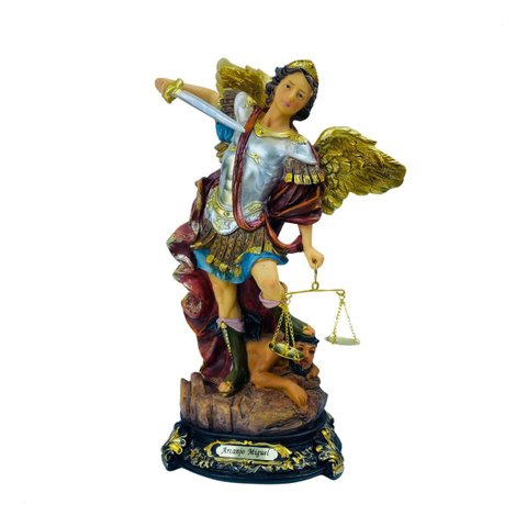 Estatua São Miguel 20cm Resina Colorido C/ Balança Impecável