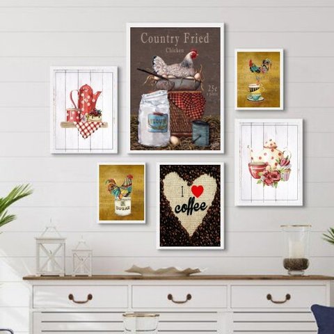 Composição 6 Quadros Decorativos Cozinha de Fazenda - com Vidro:madeira Branca