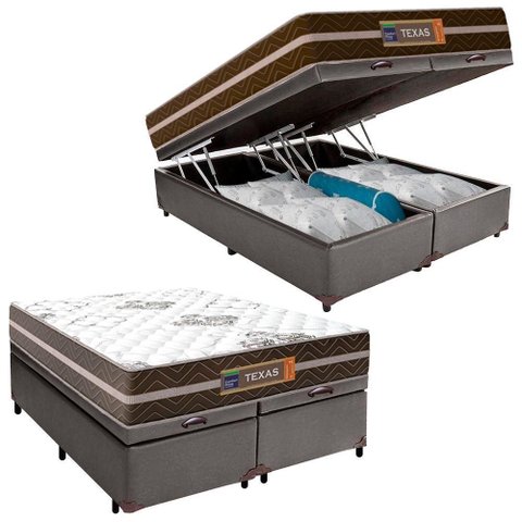 Cama Box Baú Casal Bipartido Sintético + Colchão Molas Ensacadas Texas Prime Colchões