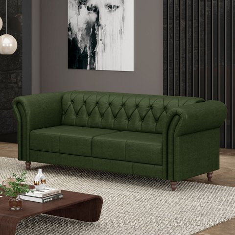 Sofá Living Sala de Estar Stanford Chesterfield 2 Lugares 200cm Pés de Madeira Couro Verde Manchado 