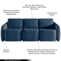 Sofá Cama Modulado Retrátil e Reclinável Varsóvia 336cm Veludo Azul Marinho G33 - Gran Belo - 8