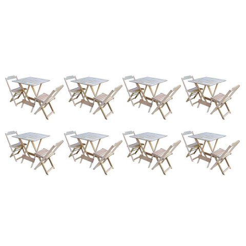 Kit 8 Jogos de Mesa Dobravel com 2 Cadeiras de Madeira 70x70 - sem Pintura