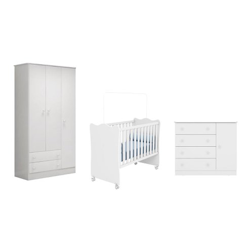 Quarto infantil Meu Soninho Guarda Roupa Berço e Cômoda Sapateira Branco - FdECOR