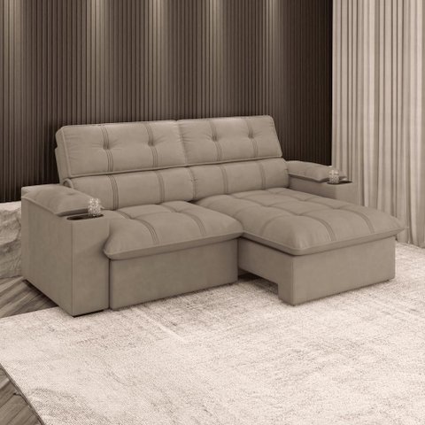 Sofá Retrátil e Reclinável 2,10m Suede Capuccino c/ Porta Copo Liverton Xflex
