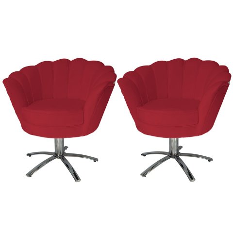 Kit 2 Poltronas Decorativa Pétala Base Giratória Metal Couro Vermelho Ms Decor