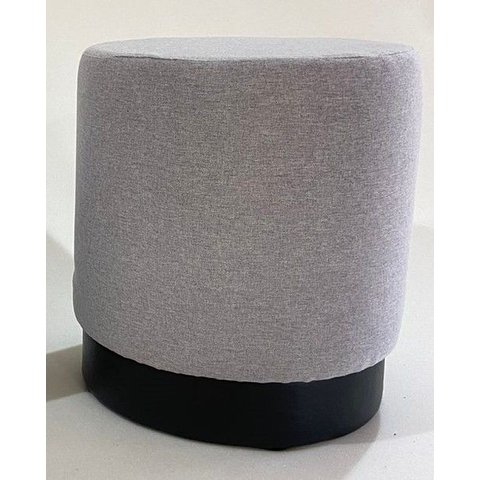 Puff Redondo Estofado, Tecido Cinza, Base Preta, Decorar Sala Moveis