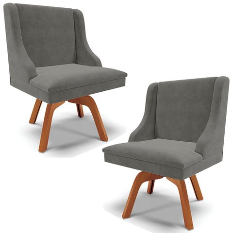 Kit 2 Cadeiras Decorativas Sala de Jantar Base Giratória de Madeira Firenze Suede Grafite/Natural G1