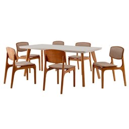 Conjunto Mesa 160cm com Vidro e 6 Cadeiras Malta Moderna Linho Palha Off White Imbuia - 2
