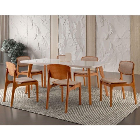 Conjunto Mesa 160cm com Vidro e 6 Cadeiras Malta Moderna Linho Palha Off White Imbuia