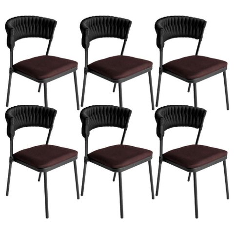 Kit 6 Cadeiras Nice Alumínio Tricô Náutico Assento Estofado Preto e Marrom Acesse Móveis