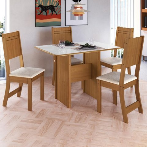 Conjunto Sala de Jantar Fidelitá Atenas 110cm com 4 Cadeiras Freijó/off-white Assento Linho