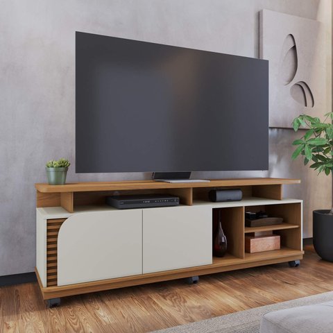Rack Jurerê 180cm P/tv até 75 Polegadas C/detalhe Ripado Artesanal e Pés de Rodízio Incluso Colibri