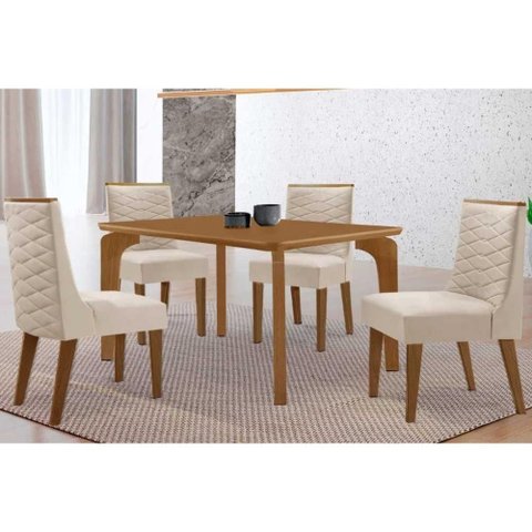 Conjunto: Mesa de Cozinha Londrina Tampo Curvo 120cm+4 Cadeiras Maldivas Madeira Naturale -