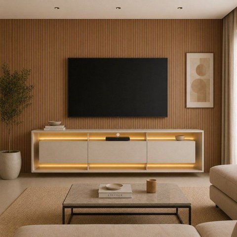 Rack para TV até 84 Polegadas Suspenso com LED 220cm Madison Yescasa Bege