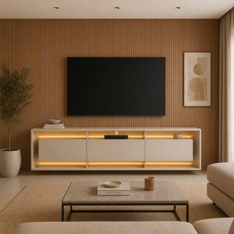 Rack para TV até 84 Polegadas Suspenso com LED 220cm Madison Yescasa Bege