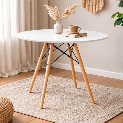 Mesa de Sala e Jantar Eames Tampo 70cm Redondo Branco com Base de Madeira Eames Eiffel