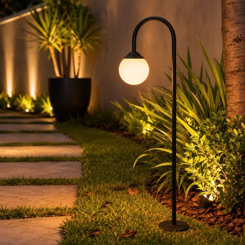 Poste Balizador Curvo p/ Jardim de Chão 90cm Alumínio Preto Globo Leitoso 1XG9 Externo ST3334