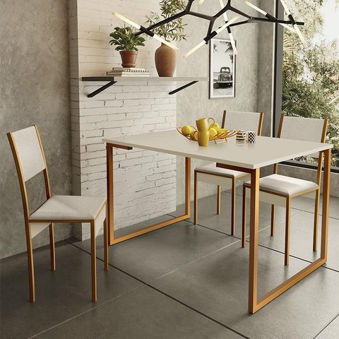 Mesa de Jantar Steel Estilo Industrial Pés de Aço 120x80cm Cobre/Off White