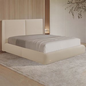 Cama com Cabeceira Elva King Base no Chão Veludo Luxo Bege G92 - Gran Belo