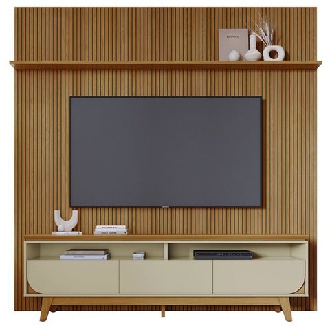 Painel e Bancada Tv 75 Pol 245x238 Cm Luna Cumaru Opala Madetec